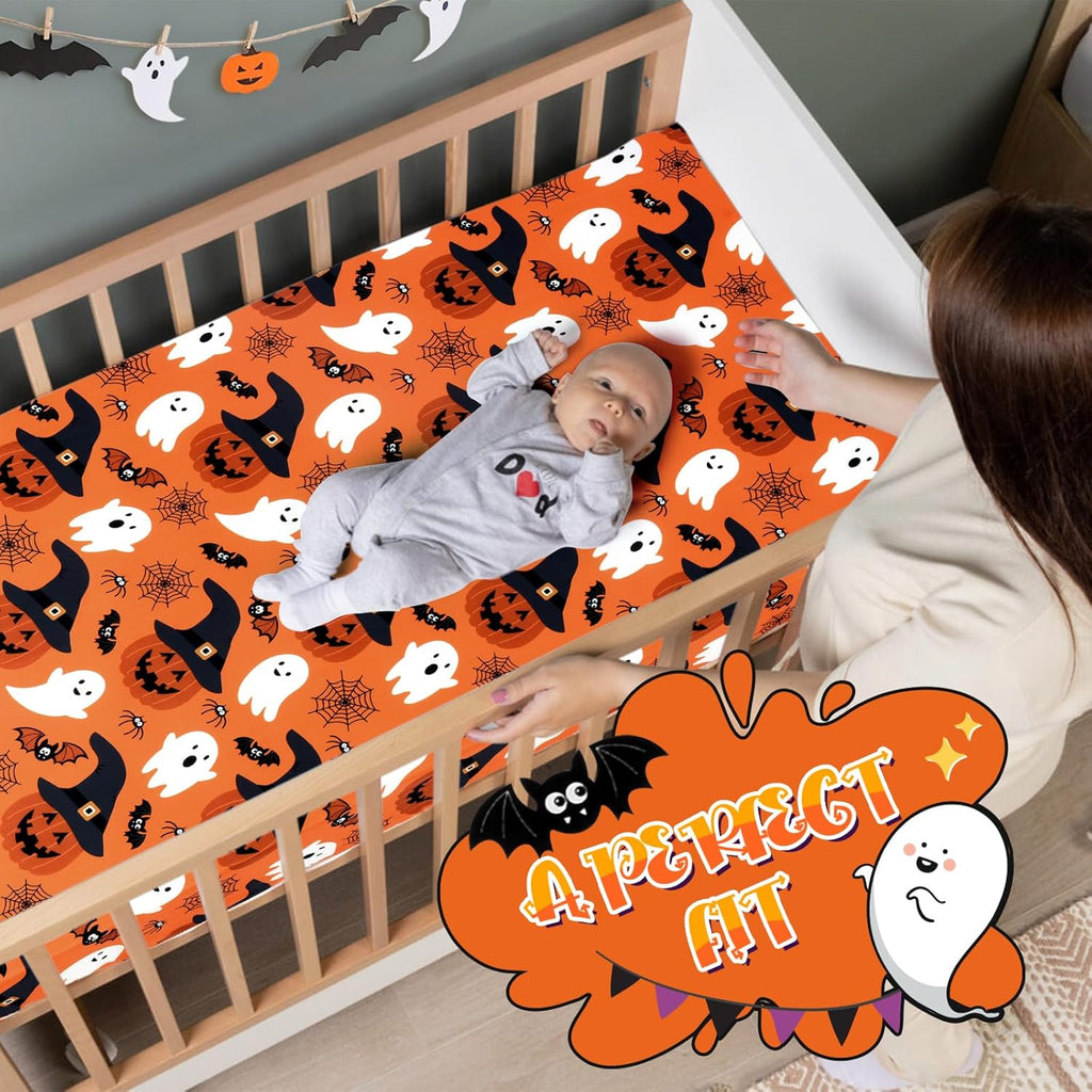 UOMNY Halloween Pumpkin Crib Sheet for Boys Girls Halloween Fitted Crib Sheets for Standard Crib 52 X 28 Inch Toddler Crib Mattresses Sheet