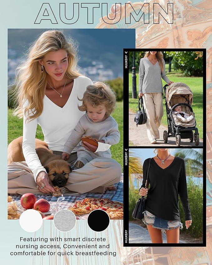 Huukeay 3 Pack Women's Long Sleeve Nursing Tops, Breastfeeding Hidden Zippers Shirts V Neck Maternity Pregnancy Tees Clothes
