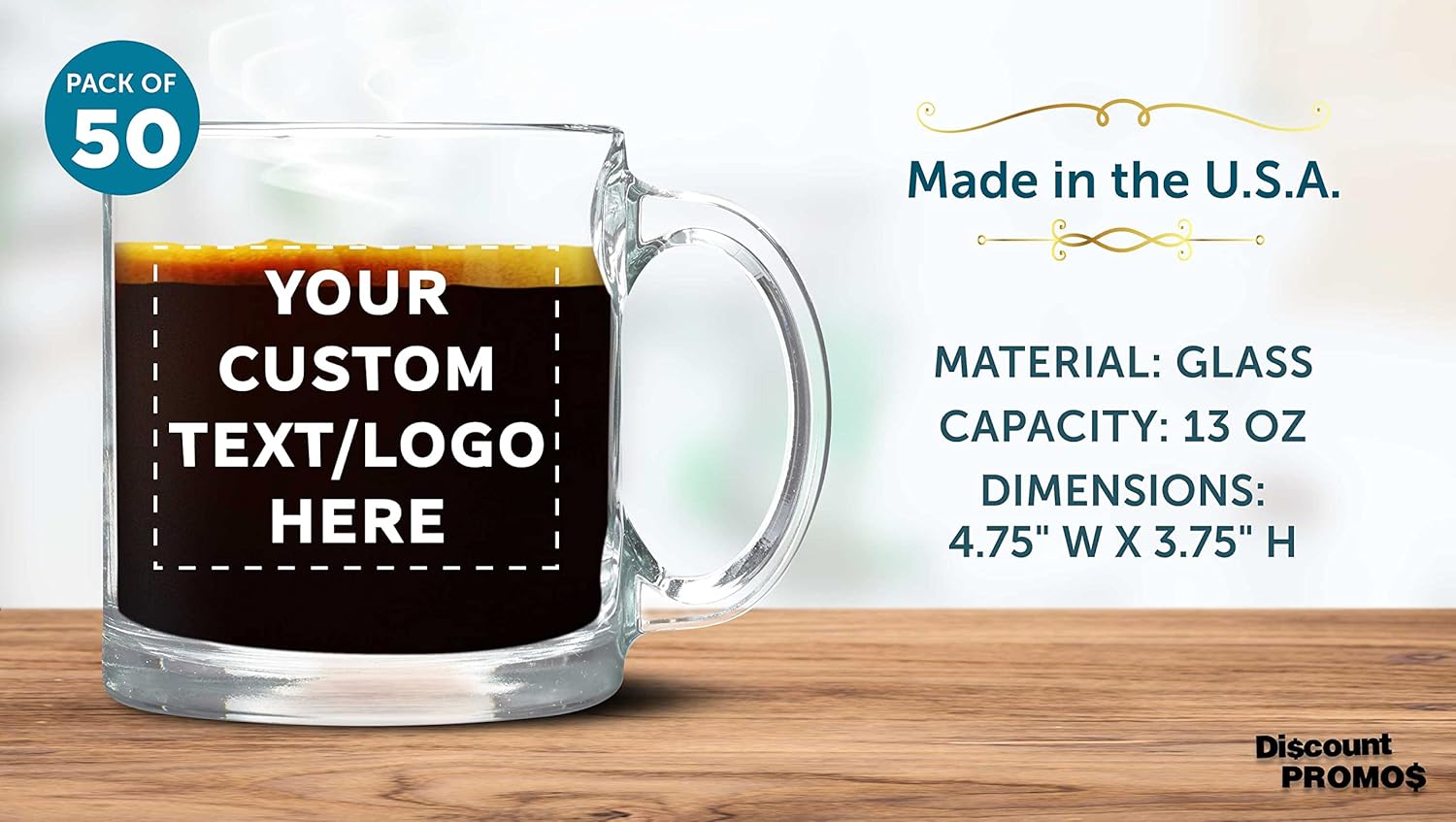 Custom Libbey Clear Glass Coffee Mugs 13 oz. Set of 50, Personalized Bulk Pack - Perfect for Coffee, Tea, Espresso, Hot Cocoa, Other Beverages - Clear Bottom