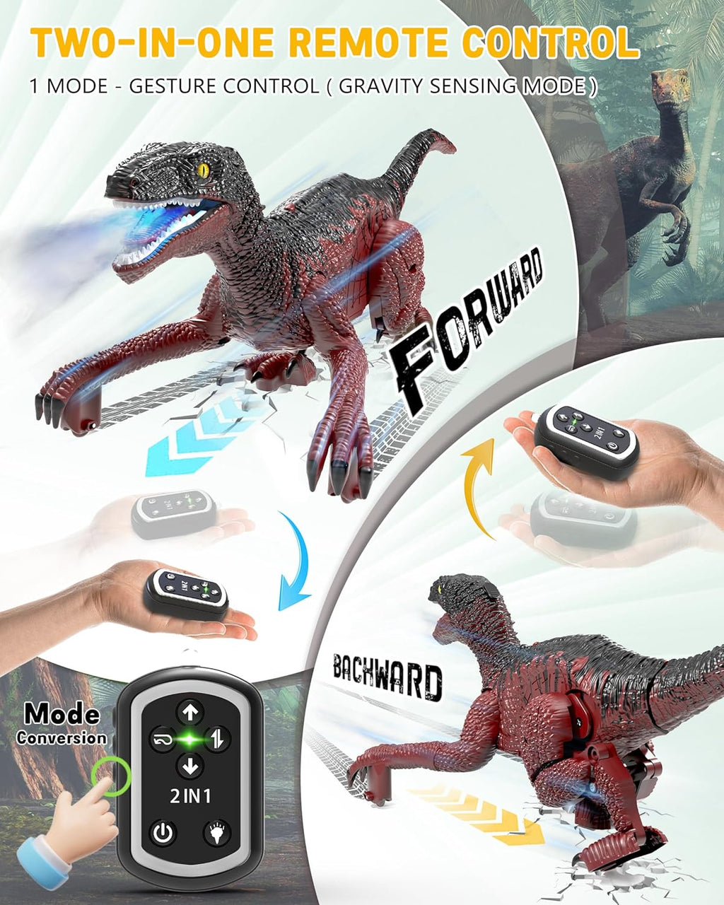 Eulogia Dinosaur Toy, RC Dinosaur Car with 2-in-1 Remote, Gesture-Sensing Forward Backward Dino, Features Spray & Sounds & Lights, One-Key Demo Car, 4-12 Boys Grils Gift for Birthday Christmas Party