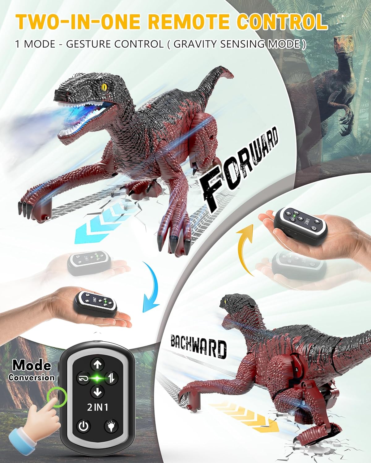 Eulogia Dinosaur Toy, RC Dinosaur Car with 2-in-1 Remote, Gesture-Sensing Forward Backward Dino, Features Spray & Sounds & Lights, One-Key Demo Car, 4-12 Boys Grils Gift for Birthday Christmas Party