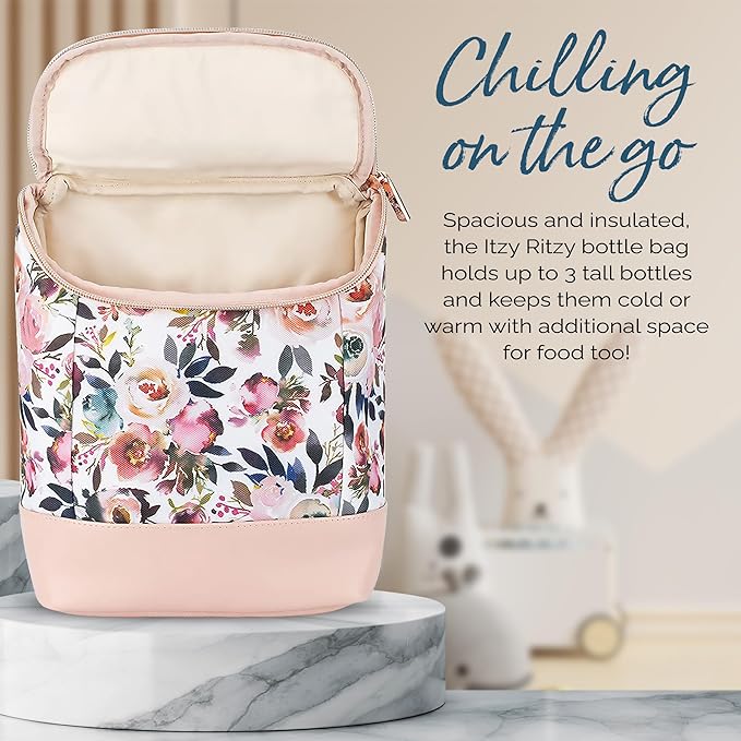 Itzy Ritzy Insulated Bottle Bag – Keeps Bottles Warm or Cool - Holds 3 Bottles & Features Interior Pocket for Ice Pack (Not Included), Blush Floral