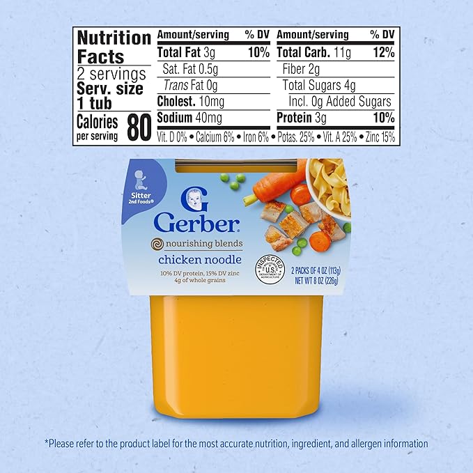 Gerber Baby Food 2nd Foods, Dinner, Chicken Noodle Puree, 4 Ounce Tubs, 2-Pack (Pack of 8)