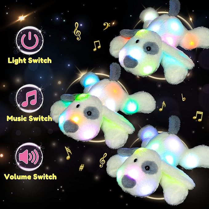 Hopearl LED Musical Stuffed Puppy Lighting Up Singing Plush Dog Adjustable Volume Lullaby Animated Soothe Birthday Festival for Kids Toddler Girls, White, 14''