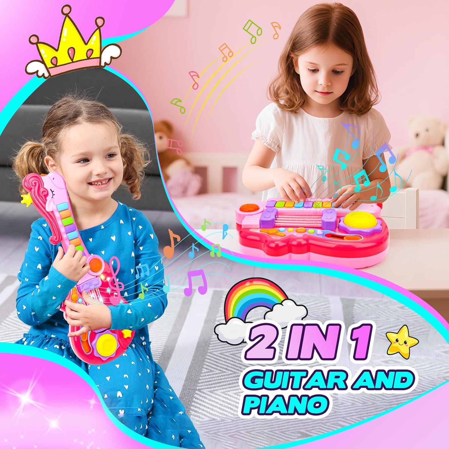 Kids Guitar Toy for 3 Year Old Girl Gift 2-in-1 Electric Guitars with Piano Mode for Toddlers 2-4 Light Up Music Toys for 2 3 4 5 Year Old Girls Boys Gifts