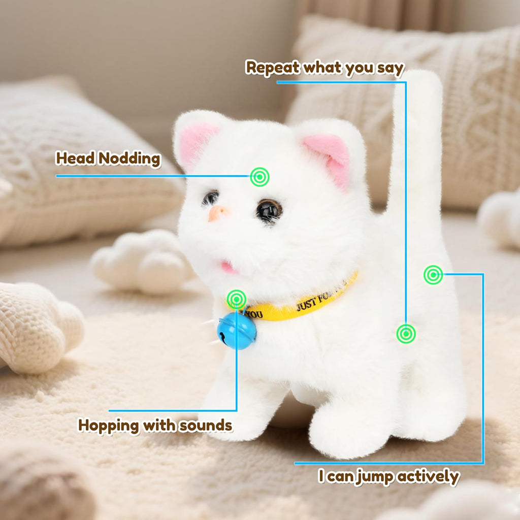 Easfan 7" Walking Plush Kitty Toy Stuffed Animal Electric Interactive Talking Musical Plush Toy White Cat Tail Wagging Birthday Gifts for Kids Toddlers