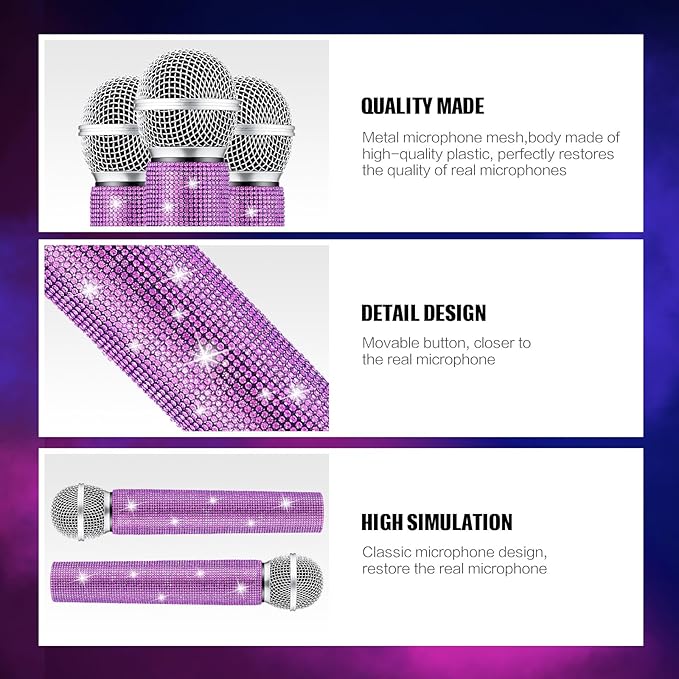 Sanwuta Fake Microphone Prop Sparkly Bling Rhinestones Plastic Play Microphone Pretend Glitter Bedazzled Mic for Cosplay Party Costume(Purple)