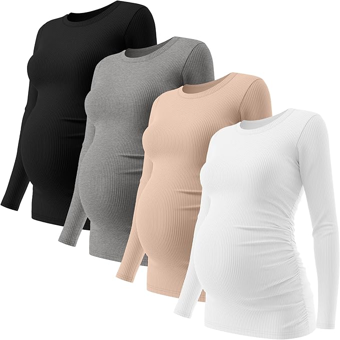 Ficerd 4 Pack Women's Maternity Shirts Cotton Long Sleeve Ribbed Crew Neck Pregnancy Tops Side Ruched Casual Mama Clothes