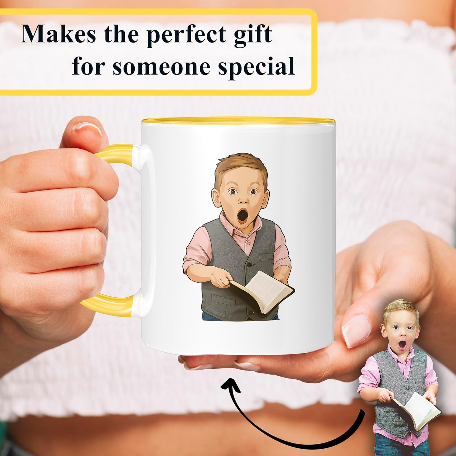 Personalized Coffee Mug, Custom Drawing Portrait Gift, Funny Customized Coffee Gift for Men & Women, Custom Mugs with Pictures, Yellow 11oz Customized Ceramic Tea Cup