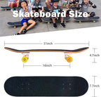 Skateboard,31 x 8 Inch Complete Skateboard, 8-Layer Maple Wood Deck Double Kick Standard Skateboards for Kids, Teens, Adult, Beginner