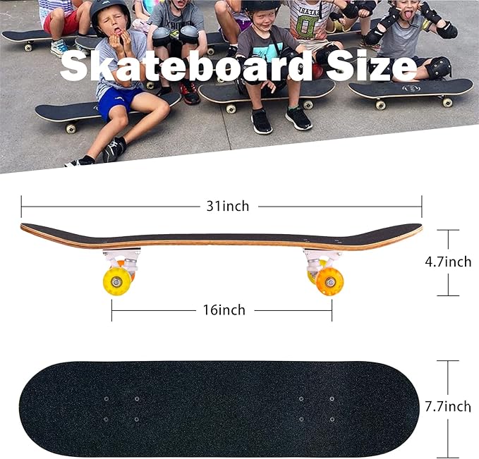 Skateboard,31 x 8 Inch Complete Skateboard, 8-Layer Maple Wood Deck Double Kick Standard Skateboards for Kids, Teens, Adult, Beginner