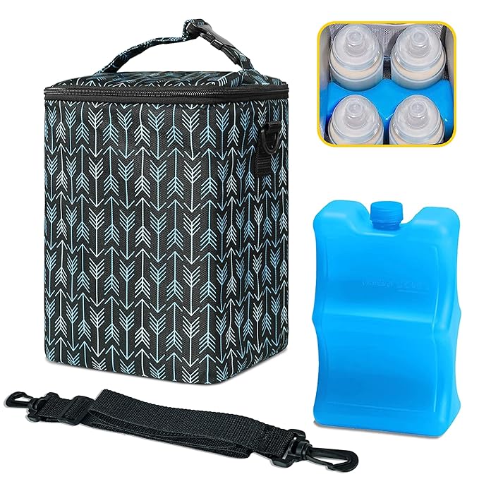 Breastmilk Cooler Bag with Ice Pack Fits 4 Baby Bottles Up to 9 Ounce Insulated Baby Bottle Bag Breast Milk Cooler on The Go with Strap Baby Bottle Cooler Bag for Nursing Mom Daycare or Travel