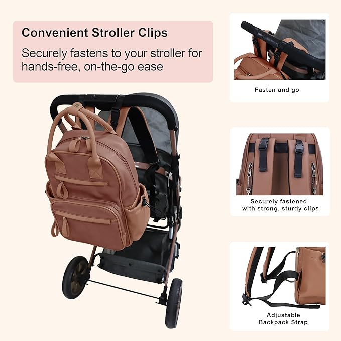 JESSIE & JAMES Saturday EDC Diaper Bag Backpack Multi Function Diaper Bag with Changing Pad & Stroller Straps_Brown