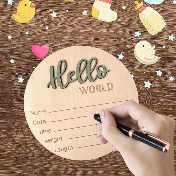 Baby Announcement Sign, 5.9 Inch Wooden Hello World Newborn Signs, Birth Announcement Sign, Baby Shower Hospital Nursery for Newborn Boys and Girls (Forest Green,Pen)