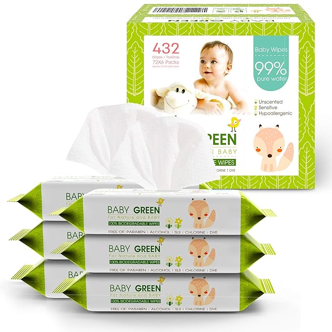 Yugi Green Baby Wipes – Unscented, Compostable, Biodegradable, Plant-Based, Fragrance-Free, for Sensitive Skin & Babies – 6 Packs of 72 (432 Count)