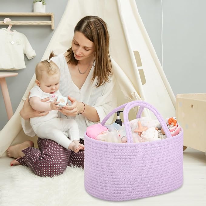 COMSE Large Baby Diaper Caddy Organizer for Girl Boy, Car Caddy with Handles, Cotton Rope Basket for Changing Table, Nursery Organizer, Gift for Baby Shower and Registry Must Have, Purple