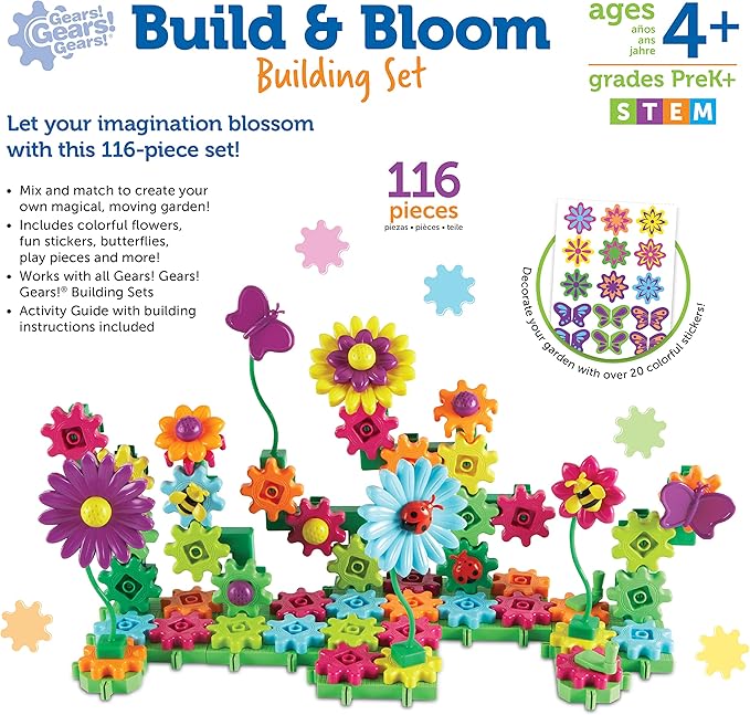 Learning Resources Gears! Gears! Gears! Build & Bloom Building Set - 116 Pieces, Ages 4+, STEM Activities, Fine Motor Skills, Toddler Explorer Kit, Science and Construction