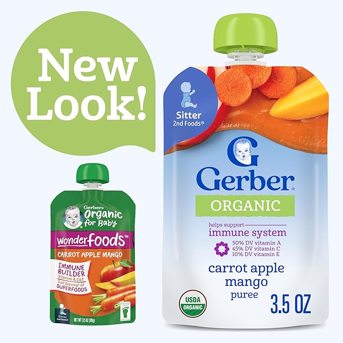 Gerber Stage 2 Baby Food, Organic Carrot Apple Mango, Baby Food Pouches, Puree, 12PK