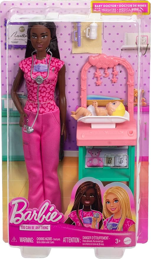 Barbie Baby Doctor with Brunette Fashion Doll Wearing Pink Scrubs, 1 Baby Doll with Accessories & Furniture