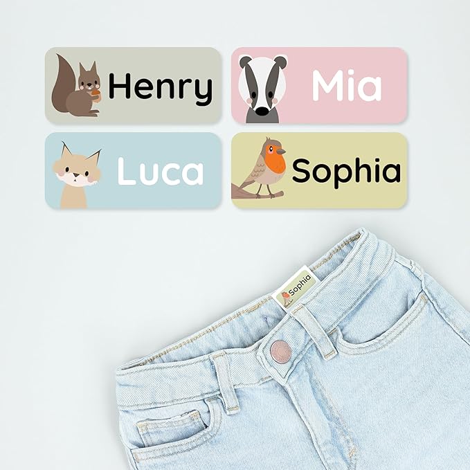 Personalized Name Labels for Kids (180) – Custom Waterproof & Durable Stickers for Clothing, Daycare, Office & School Supplies - Forest Animals