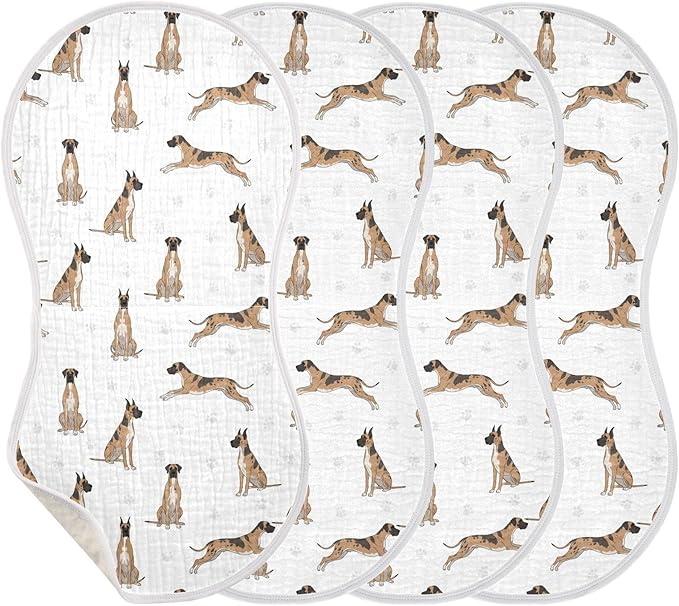 4 Pack Muslin Burp Cloths Great Dane Dog White Cotton Baby Burp Cloths Absorbent Burping Cloth Soft Spit Up Rags for Newborn Baby Boys Girls 22x11 Inch