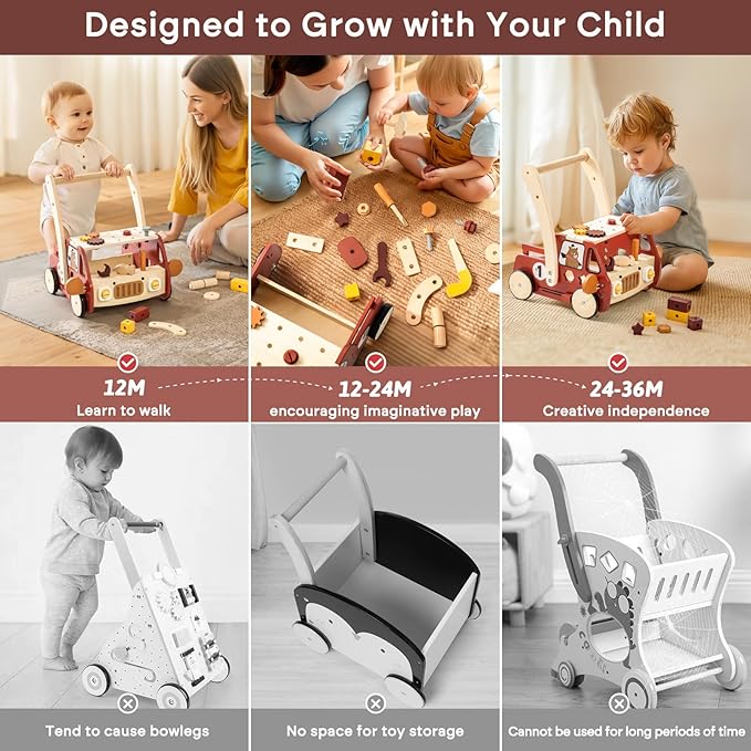 OESSUF 2-in-1 Wooden Baby Walker with 40 PCS Tool Toys – Baby Push Walker for 6-12 Months, Activity Center for Toddlers Aged 1-3 Years, Montessori Toy for Boys and Girls (Red)