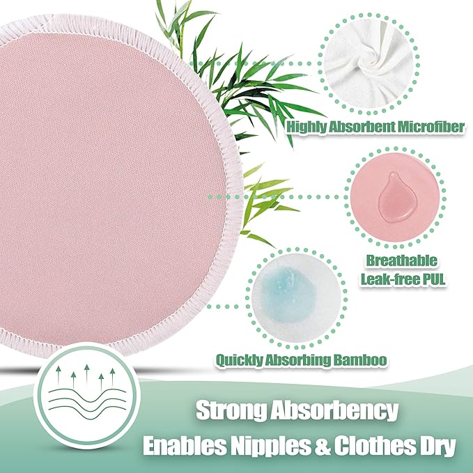 wegreeco Nursing Breast Pads (14 Pack) + Laundry Bag & Travel Storage Bag, 4.7 inch - Washable & Reusable Breastfeeding Nursing Pads (Mild Pink, Large, Contoured & Plain Shape)