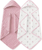 Yoofoss Hooded Baby Towels for Newborn 2 Pack 100% Muslin Organic Cotton Baby Bath Towel with Hood for Babies, Infant, Toddler and Kids,37.5"x37.5", Soft and Absorbent Newborn Essential,Pink&WhiteLeaf