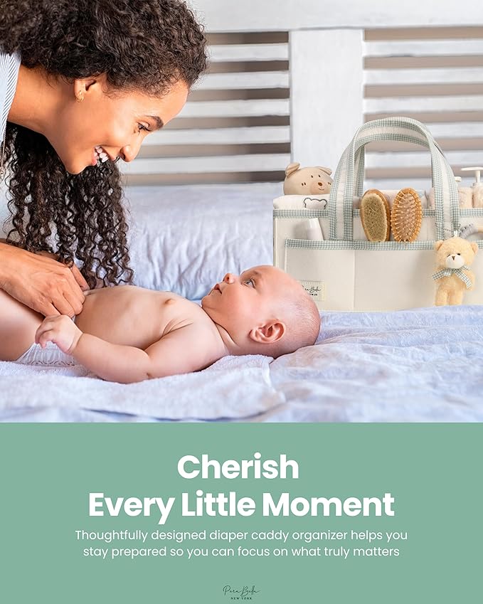 PeraBella XL Diaper Caddy Organizer With Handle, Baby Shower Gifts Basket Bag, Registry Search Must Haves Items, Newborn Girl Boy Nursery Storage Organizer, Baby Bag Essentials, Car Diaper Caddy Cart