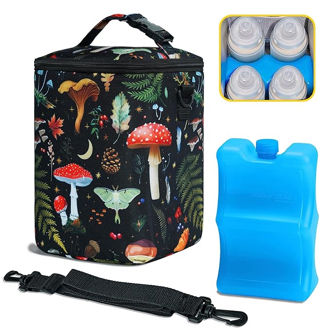 Breastmilk Cooler Bag with Ice Pack Fits 4 Baby Bottles Up to 9 Ounce Insulated Baby Bottle Bag Breast Milk Cooler on The Go with Strap Baby Bottle Cooler Bag for Nursing Mom Daycare or Travel