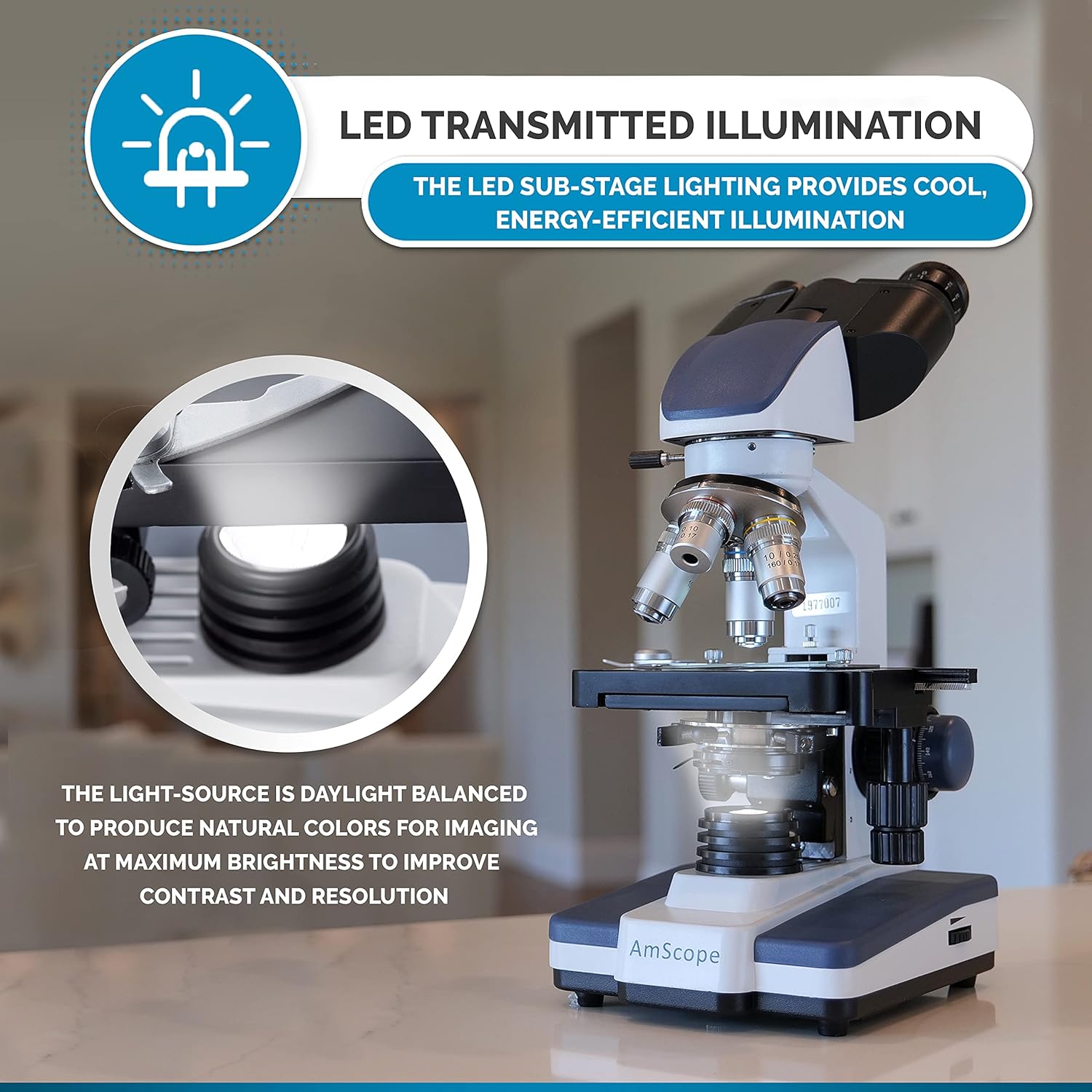 AmScope B120C-WM-BS Siedentopf Binocular Compound Microscope, 40X-2500X Magnification, Brightfield, LED Illumination, Abbe Condenser, Double-Layer Mechanical Stage, Includes Book, 50 Blank Slides, and 100 Coverslips