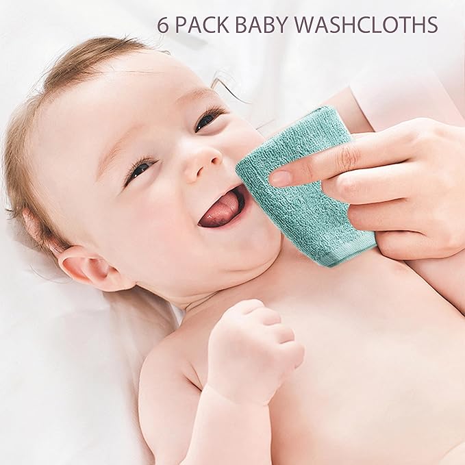 Baby Washcloths 6 Pack 100% Cotton Soft and Absorbent Terry 10" x 10" Wash Cloths Wipes for Face Hand Body Burp Rag with Sensitive Skin for Newborns Infants Toddlers