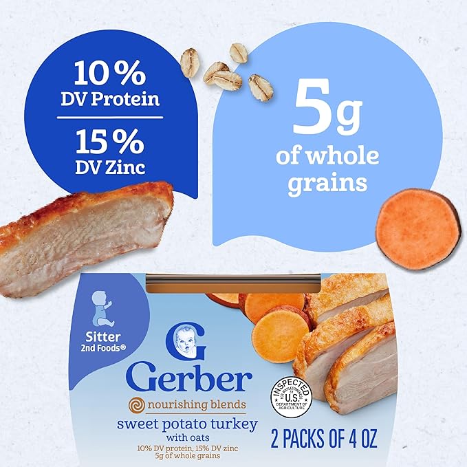 Gerber Stage 2 Baby Food, Sweet Potato Turkey with Oats Puree Tub, Nourishing Blends, No Added Colors or Flavors, Baby Puree, 16-Pack