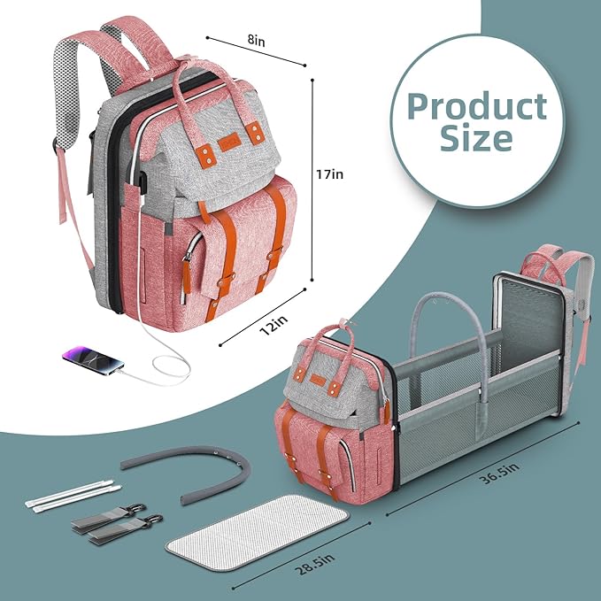 Diaper Bag Backpack with Changing Station, Large Diaper Bag, Baby Bag, Multifunctional Diaper Bag, Pinkgray