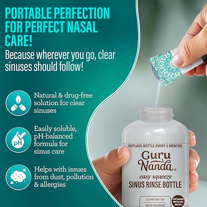 GuruNanda Sinus Rinse Bottle & Saline Premixed Packets 120ct - All Natural Sinus Rinse Packets to Help with Allergies & Congestion Relief, 0.08oz Each