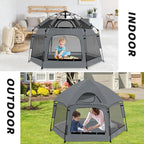 Pop Up Playpen for Babies with Canopy & Safety Lock - Outdoor Baby Playpen with 6 Ground Stakes & 6 Sand Stakes, UV Protection & Carry Bag, Instant Beach Tent for Indoor/Outdoor Use（Grey）