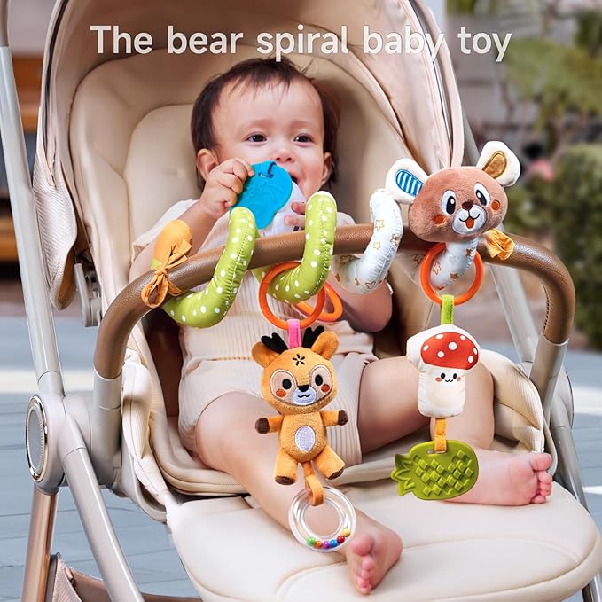 TUMAMA Baby Activity Toy Cute Bear Spiral Toy with Hanging Toys, Clips Detachable Sensory Stimulating Baby Toys 0-3 3-6 Months for Newborn Strollers Bassinets Crib Carseat