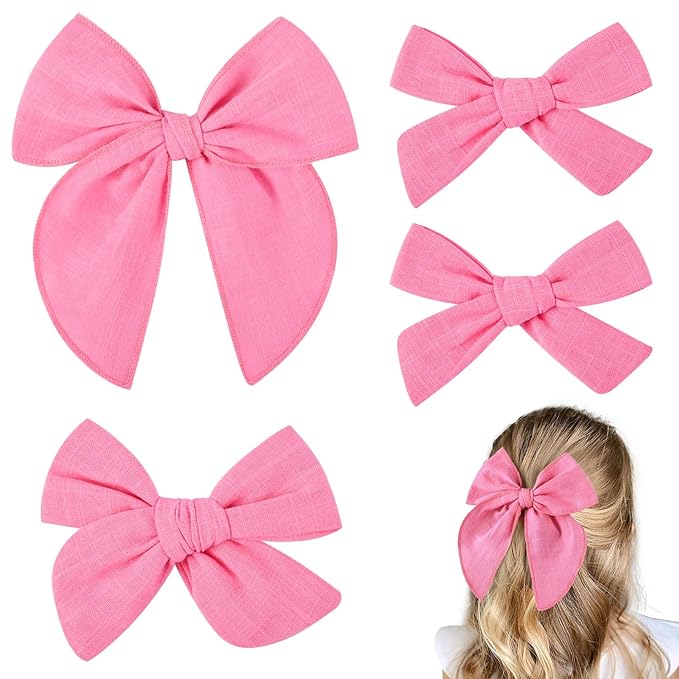 DEEKA 4 PCS Hot Pink Cotton Linen Hair Bows 3 Styles 5" & 4" Handmade Hair Bow set for Toddler Girls Alligator Hair Clips Knot Bows Hair Accessories for Little School Girls (Hot Pink)