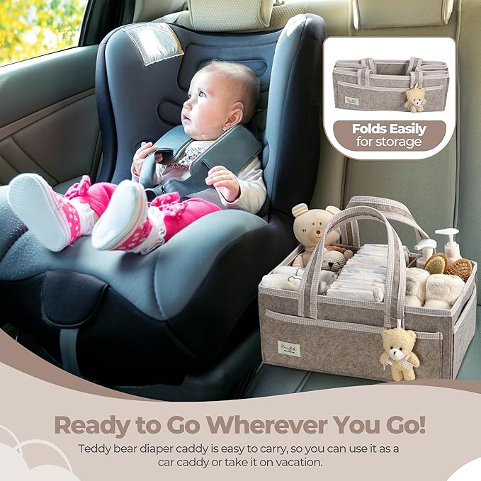 PeraBella XL Diaper Caddy Organizer With Handle, Baby Shower Gifts Basket Bag, Registry Search Must Haves Items, Newborn Girl Boy Nursery Storage Organizer, Baby Bag Essentials, Car Diaper Caddy Cart