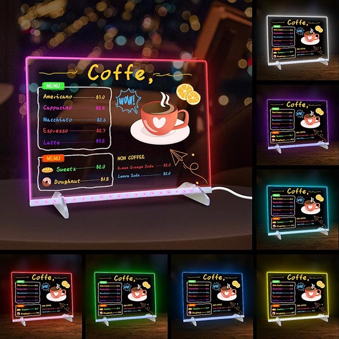 LED Note Board with Colors, 13.7"X10" 4 Modes &7 Colors Acrylic Dry Erase Boards with Light, Include Adapter, Hanging Chain, Led Drawing Board for Kids with Stand,7 Markers, Spray Bottle