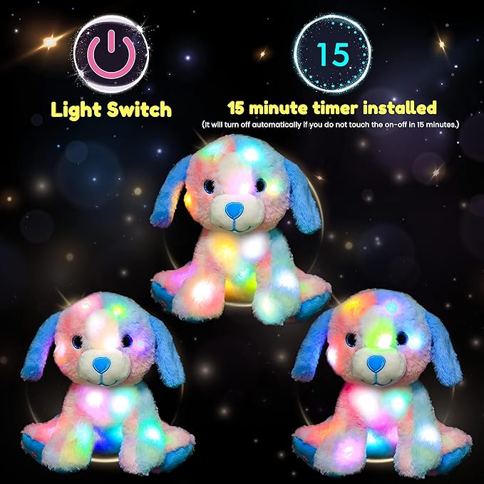 Hopearl Colorful LED Plush Puppy Lighting Up Dog Stuffed Animal Floppy Pup Night Lights Glow in The Dark Birthday Festival for Kids Toddler Girls, Rainbow, 10.5''