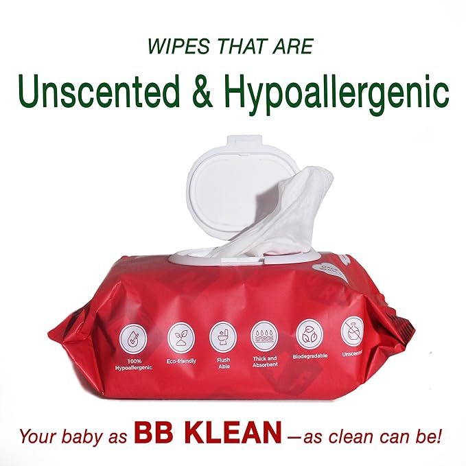 B.B. Klean Flushable Baby Wipes | Hypoallergenic | Sensitive Skin | Thick & Absorbent | Durable | Unscented | 99.9% Water | Eco-Friendly | 80 Wipes Inside (4)