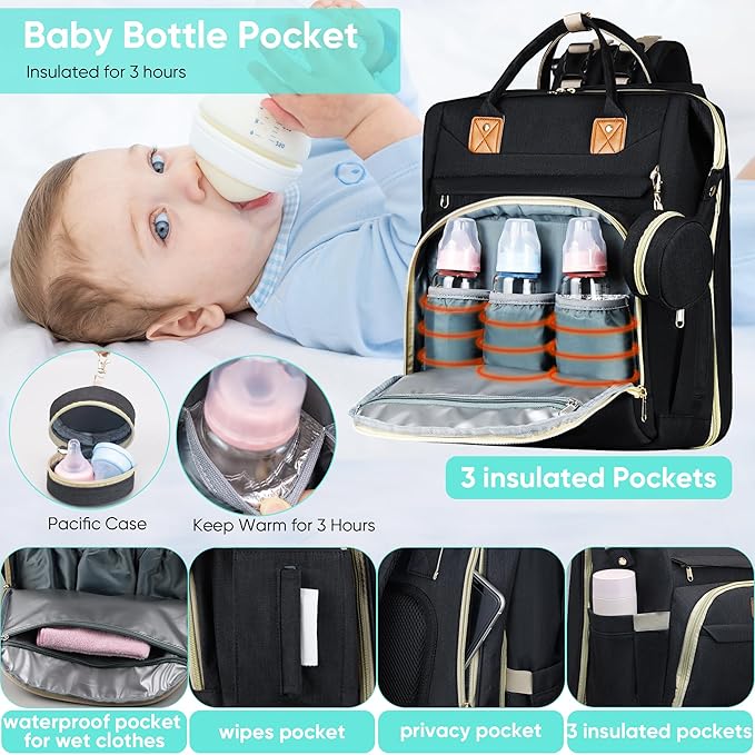 Diaper Bag Backpack for Mom and Dad, Large Capacity Baby Travel Bag with USB Charging Port, Waterproof Foldable Baby Bag for Boys and Girls, Stylish Maternity Backpack for Travel & Hospital，Black