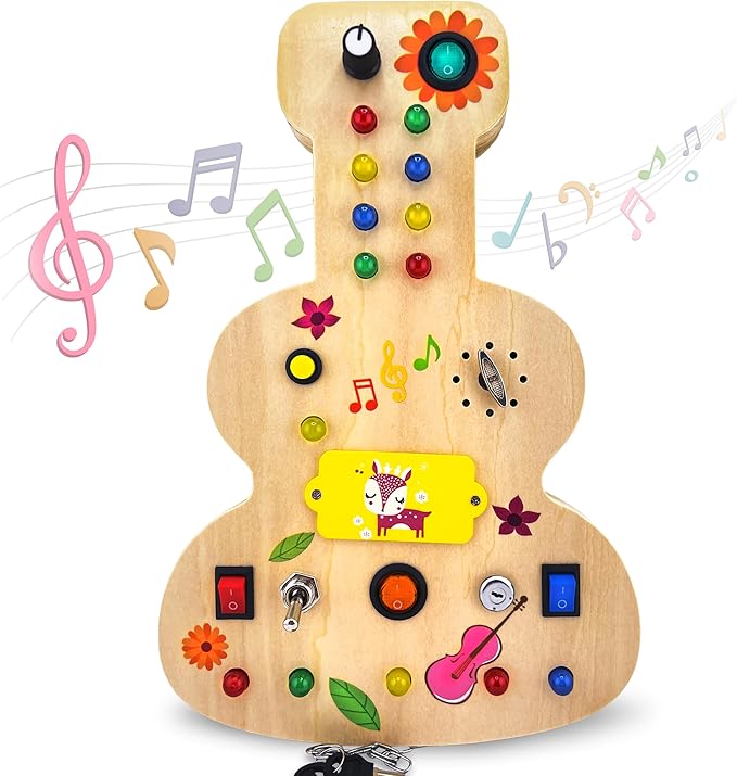 Wooden Montessori Musical Busy Board for Toddlers for 3-5 Year-Old with Mechanical Turner, Colorful Bulbs, Switches, Buttons - Enhance Sensory, Motor Skills