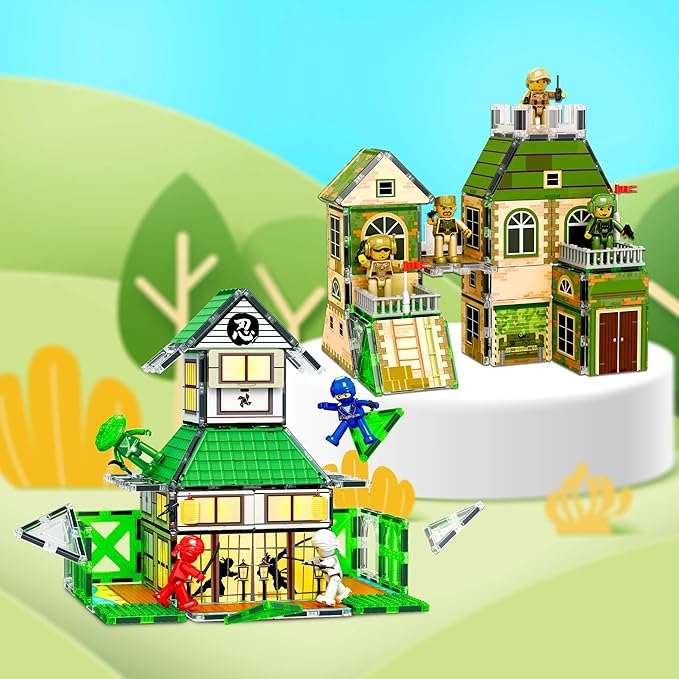 PicassoTiles 102pc Magnet Tile Building Block Ninja & Troop Theme Double Sided Printings 2in1 with 8 Character Figures Magnetic Tiles Construction Playset Fine Motor Skill STEM Educational Age3+ PTQ02