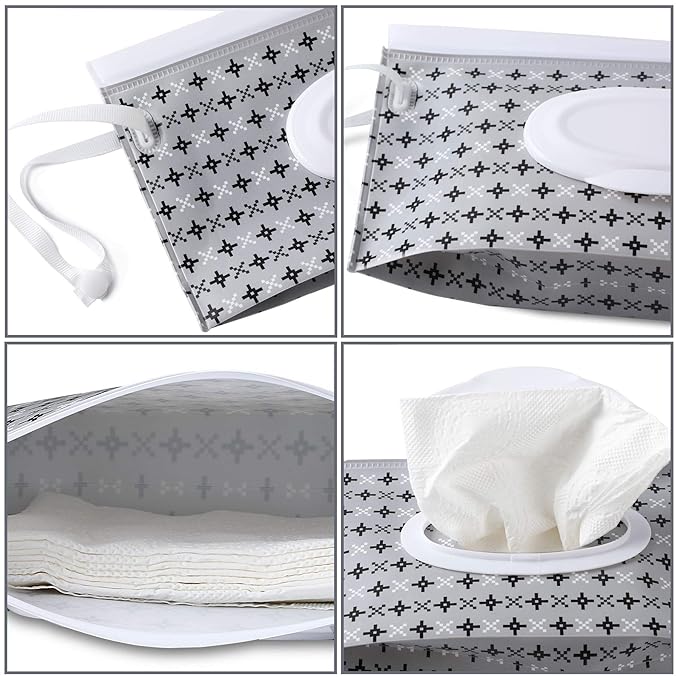 FEBSNOW 4 Pack Baby Wipe Dispenser, Portable Refillable Wipe Holder, Baby Wipes Container, Wipe Dispenser, Reusable Travel Wet Wipe Pouch (Geometric)