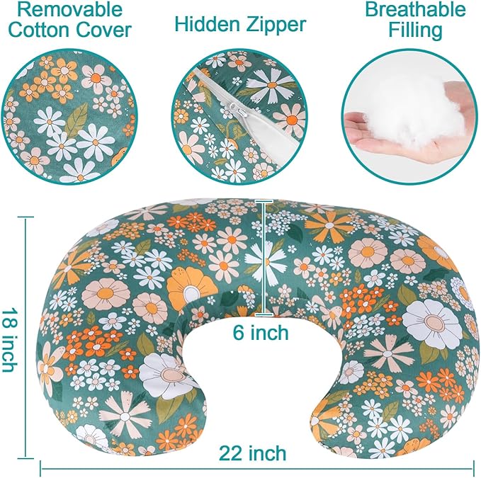 Nursing Pillow, Breastfeeding Pillow with Removable Cotton Cover, Baby Feeding Pillow for Mom Easier Breast Feeding and Bottle Feeding, Breastfeeding Support Cushion for Newborn (Flower Green)