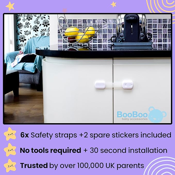 Booboo® (6 Pack) Premium Child Safety Cupboard Door Strap Locks | Baby Proof Your Cabinets with No Trapped Fingers | Extra Easy Installation, No Tools Needed