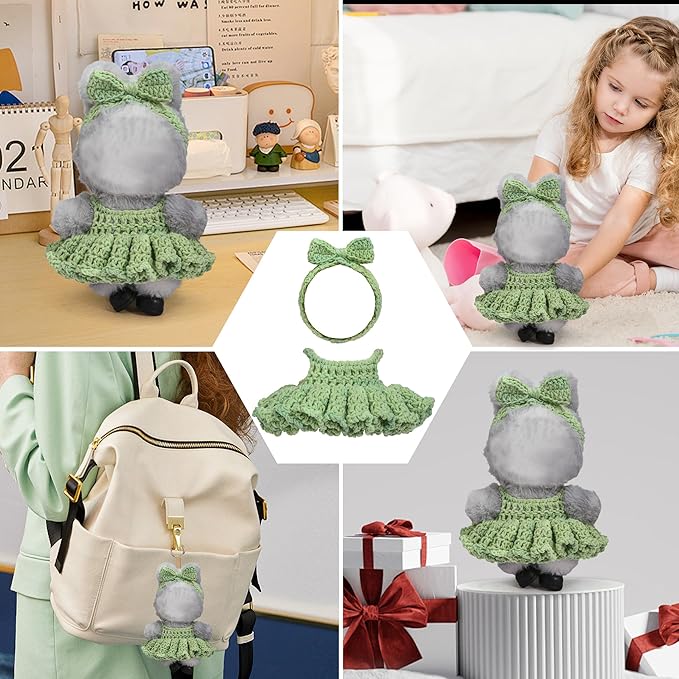 Handmade Crochet 17cm Doll Clothes - Stylish Styles with Halter Dress and Headband for Dress up 15cm/17cm Doll Accessories Suit (Green)