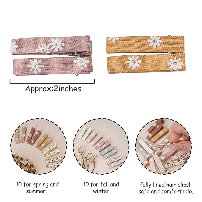 FANCY CLOUDS Hair Clips for Girls Women Toddler Baby,Assorted 20Pcs Flower Fabric Fully Lined Small Alligator Clips Hair Accessories for Teens Child Kids Gifts